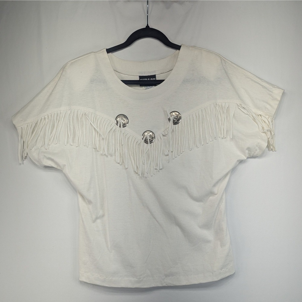 Vintage Impact Western Fringe T-Shirt White Silver Conchos Made in USA Medium